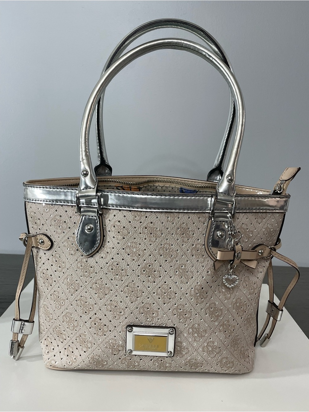 Guess Beige and Silver Tote Handbag - Designer-Inspired Women Bag